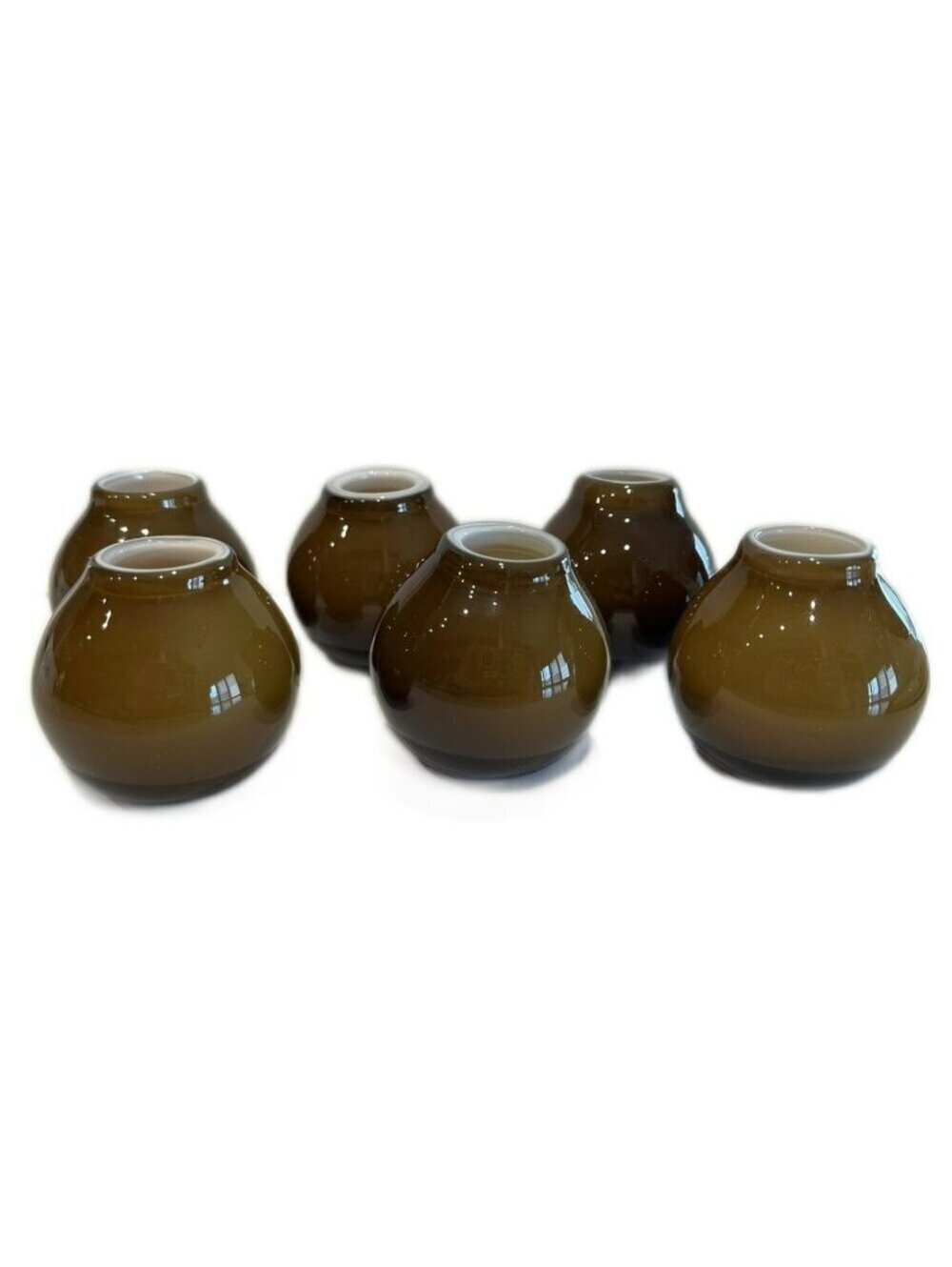 Set of 6 Mid-Century Modern Hand Blown Cased Glass Bud Vases in White & Brown